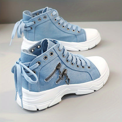 Womens Canvas Platform Sneakers - Zipper Detail, Lace-Up High Tops - Comfortable Sporty Style for All-Occasions