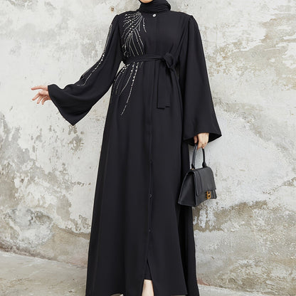 Ramadan Elegant Long Sleeve Geometric Patterned Loose Fit Maxi Dress with Rhinestone Belt - Non-Stretch Polyester Fabric, Flared Sleeves, and Middle East Style - Perfect for Spring, Summer, and Fall Seasons