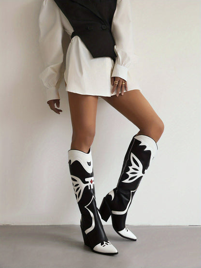 Women's Stylish Printed Chunky Heel Boots, Fashion Pointed Toe Western Boots, Women's Retro Boots