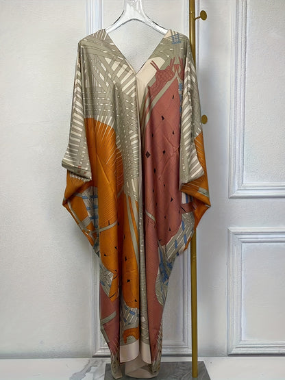 Chic Abstract Print V-neck Kaftan Dress - Flattering Batwing Sleeves, Loose Maxi Length, Versatile Cover Up for Women - A Fashionable Wardrobe Essential