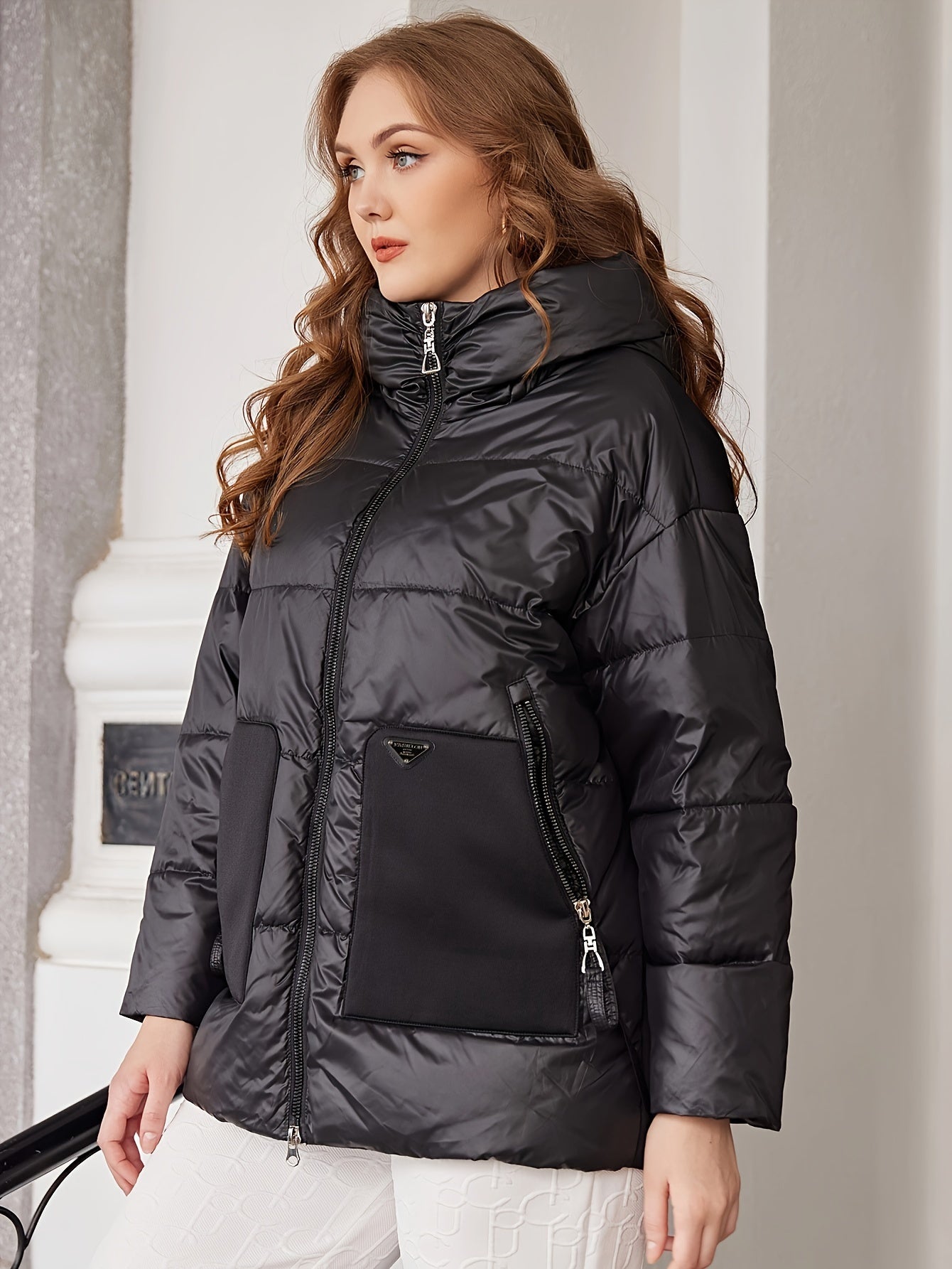 Plus Size Casual Coat, Women's Plus Solid Stitching Quilted Long Sleeve Zip Up Hooded Puffer Coat With Pockets