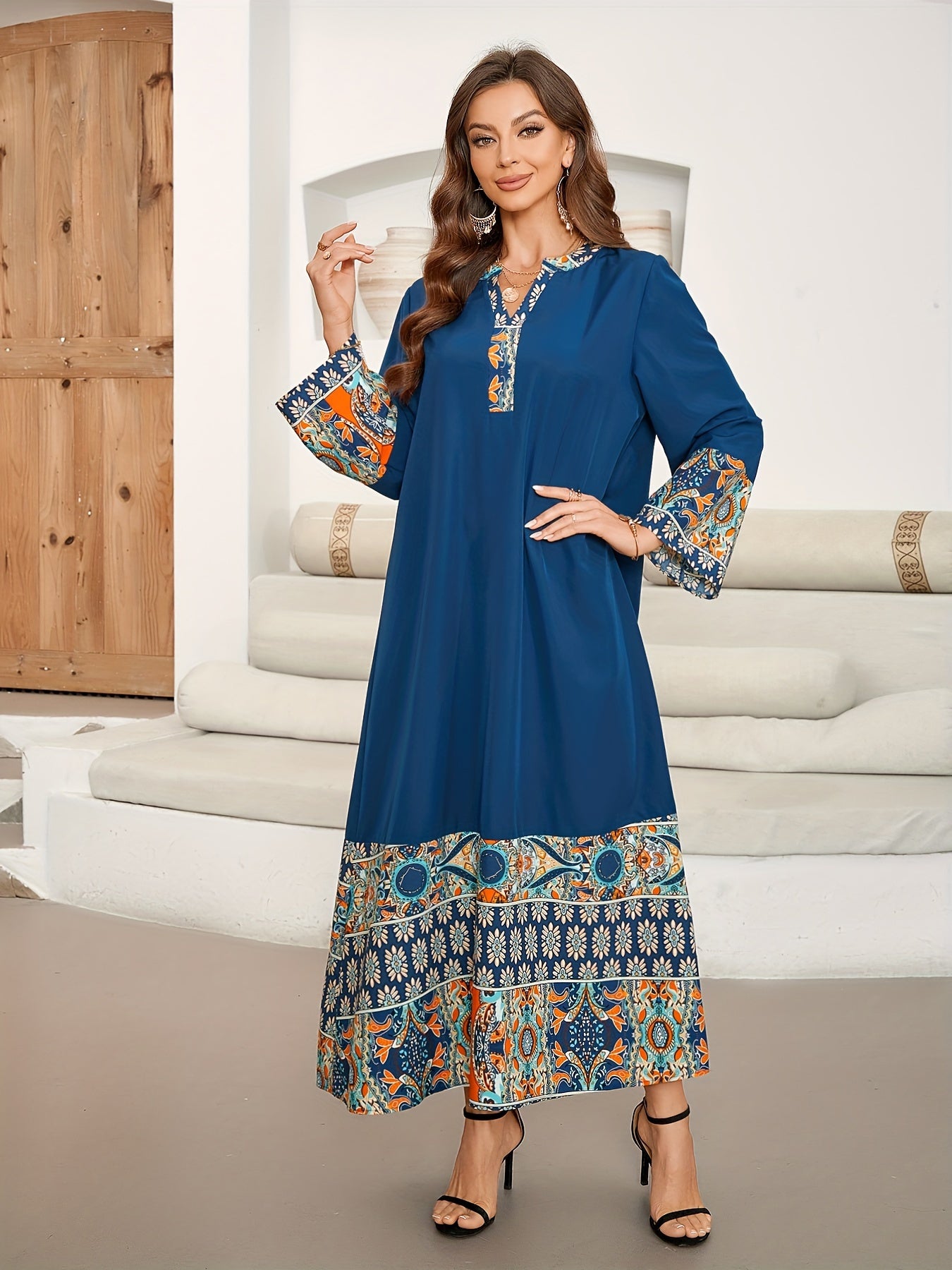 Vibrant Ramadan Kaftan Dress - Elegant Long Sleeve Notched Neck Maxi Length Loose Fit Color Block Print Ethnic Clothing for Women - Perfect for Modest Fashion and Special Occasions