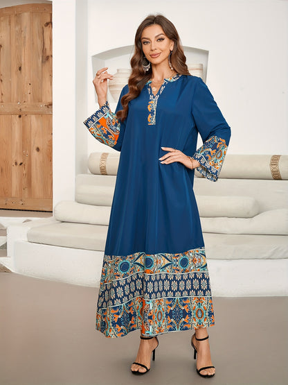 Vibrant Ramadan Kaftan Dress - Elegant Long Sleeve Notched Neck Maxi Length Loose Fit Color Block Print Ethnic Clothing for Women - Perfect for Modest Fashion and Special Occasions