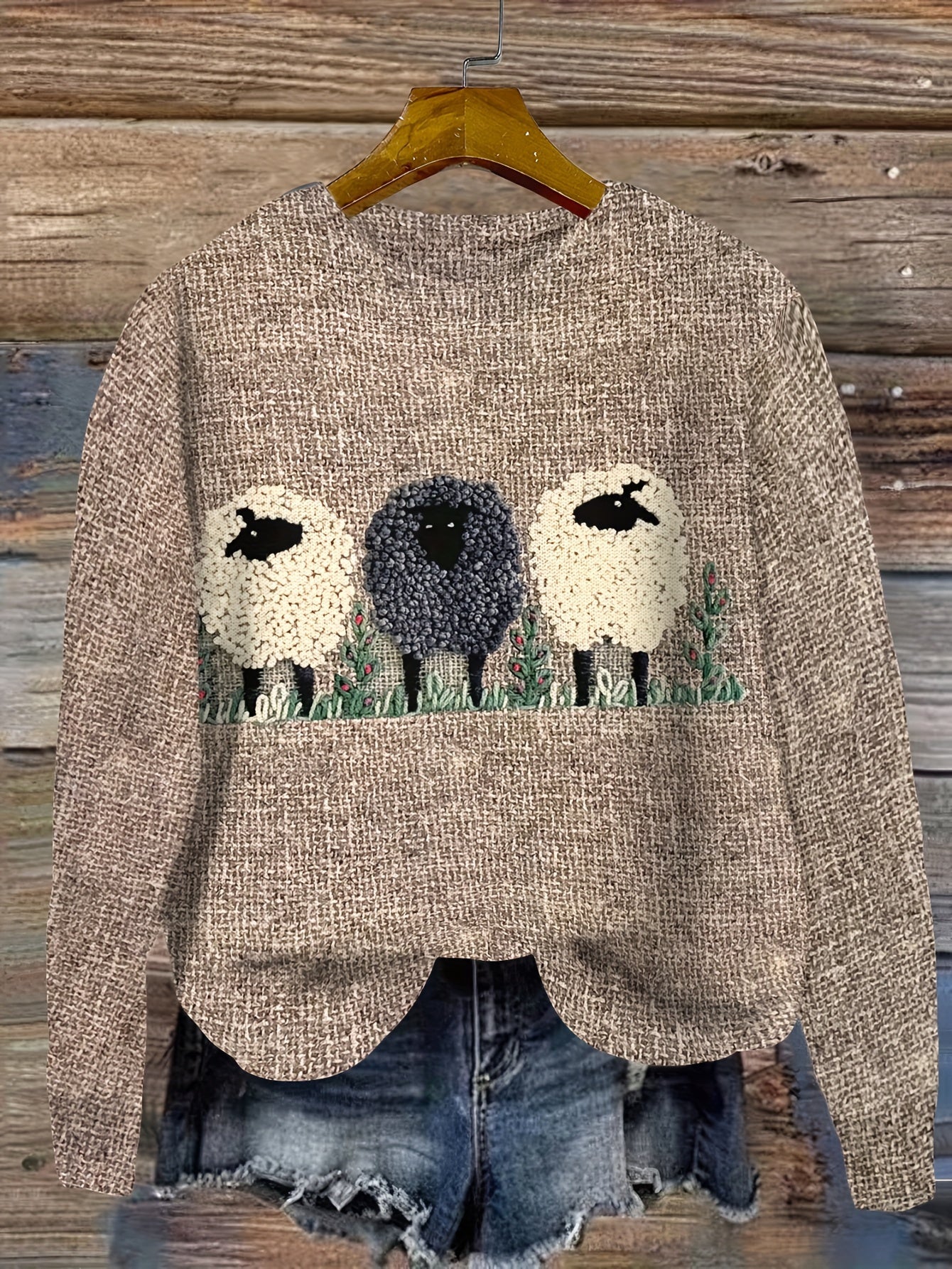 Cozy Long Sleeve Sheep Pattern Drop Shoulder Sweater - Soft Micro Elasticity Fabric, Crew Neck, Regular Fit, All Over Print Design - Perfect for Fall & Winter, Womens Casual Clothing