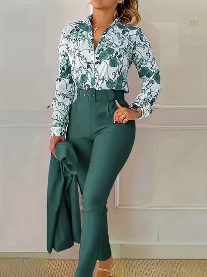 Stunning Two-Piece Floral Outfit - V Neck Long Sleeve Blouse with Ruffled Hem and Solid Belted Tapered Pants for Women - Elegant, Comfortable, and Versatile Clothing for Daily Wear