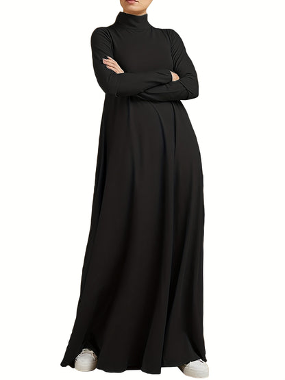 Ramadan Elegant Long Sleeve Solid Color Maxi Kaftan Dress - Comfortable Micro Elastic Polyester Fabric, Casual Turtle Neck Design, Two Pockets, Regular Fit, Middle East Style - Perfect for All Seasons, Womens Clothing