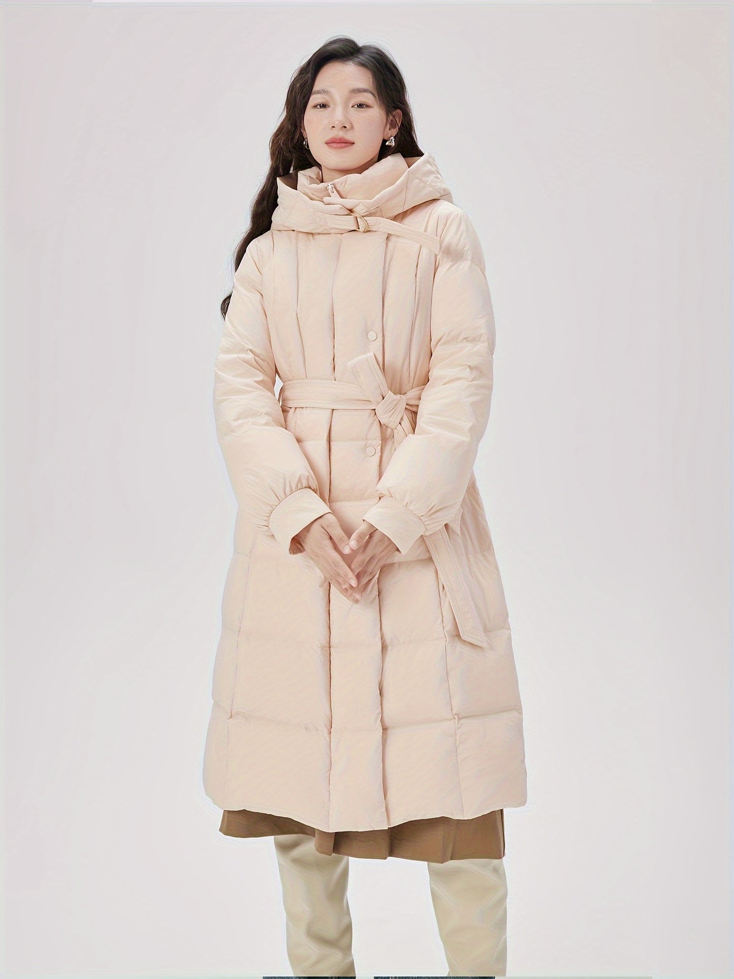 Mid Length Hooded Warm Coat, Elegant Long Sleeve Winter Outerwear, Women's Clothing