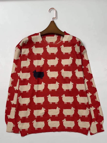 3D Sheep Pattern Crew Neck Pullover Sweater - Soft Slight Stretch Polyester Knit Fabric, Casual Long Sleeve, Regular Fit, Hand Wash or Dry Clean, All Season Wear - Womens Clothing for Fall & Winter