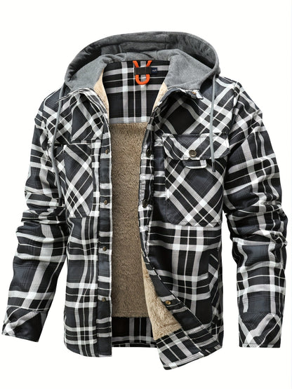 Mens Plaid Quilted Hooded Jacket with Luxurious Sherpa Lining - Stylish Casual Button Down Design - Ultra-Cozy Fleece Winter Coat for Premium Warmth and Fashionable Outerwear