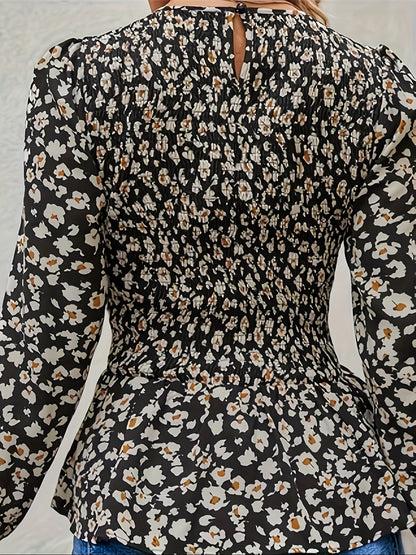 Charming Floral Print Blouse with Flowy Ruffles - Long Sleeve, Shirred for Elegance - Perfect for Spring & Fall - A Must-Have for Fashionable Womens Wardrobe