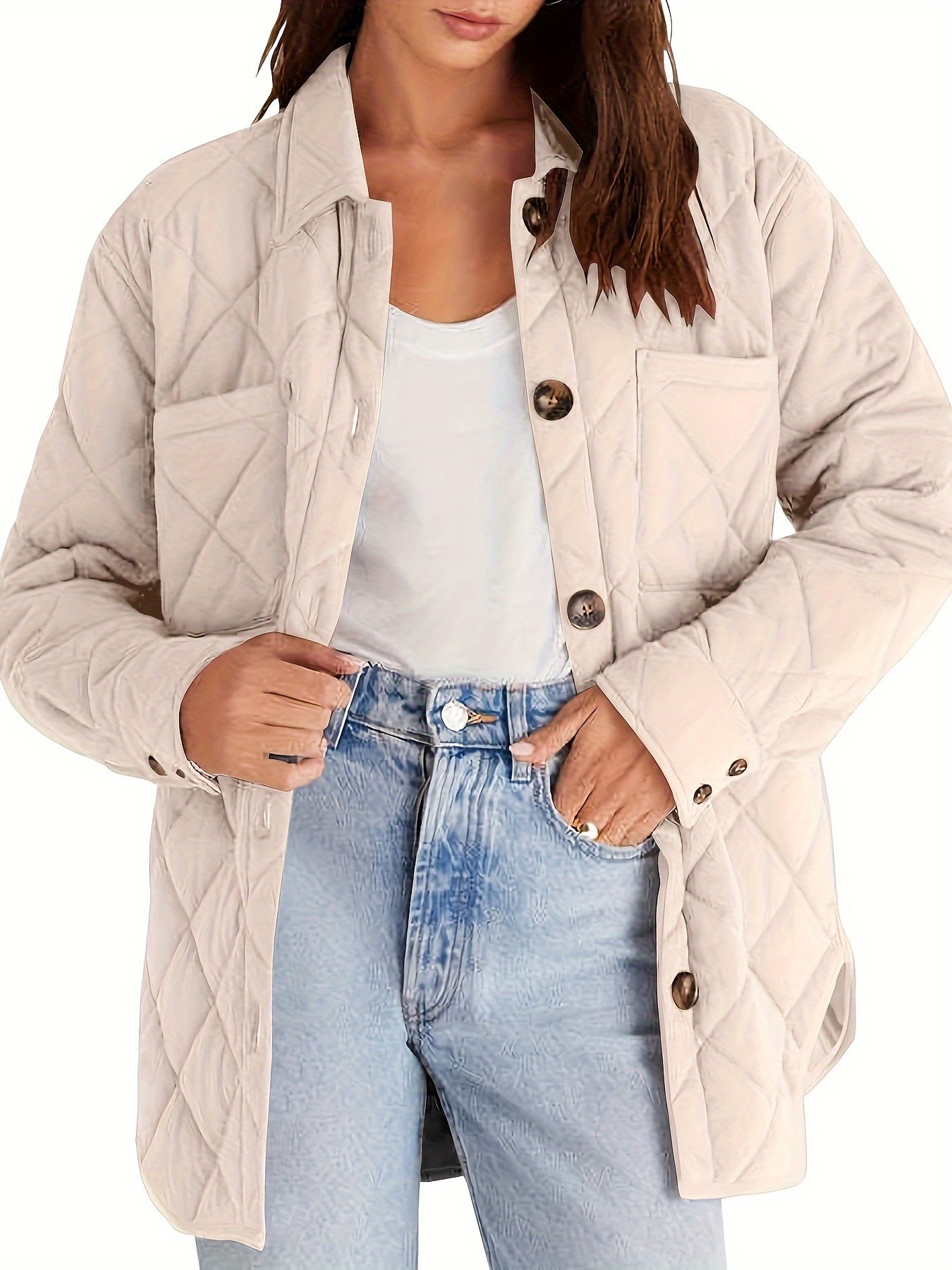 Womens Casual Lapel Collared Lightweight Quilted Jackets Fall Winter Warm Loose Puffer Outerwear