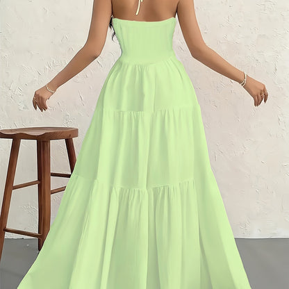 Tiered Layer Deep V Neck Halter Maxi Dress - Flowy, Backless, and Comfortable for Vacation and Spring & Summer - Machine Washable, Customized, and All-Season Wear