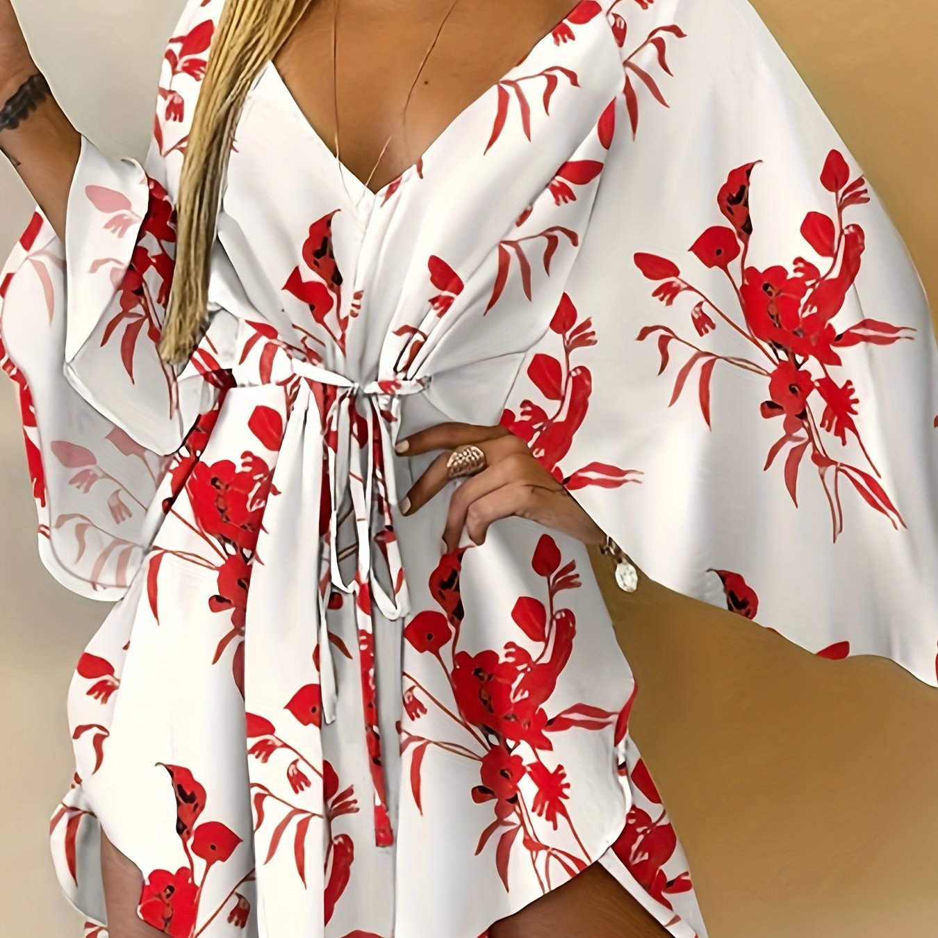 Vibrant Floral Print Fitted V-Neck Dress - Elegant Vacation Style with Tie Waist, Flare Sleeves, Micro Elasticity, and Random Printing - Perfect for Spring, Summer, and Fall Seasons