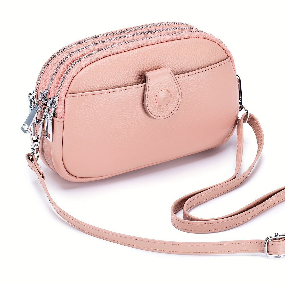 Small Genuine Leather Crossbody Bag for Women - Triple Top Zipper, Adjustable Strap, Polyester Lining, Solid Color, Edge Painted, Stylish and Practical Accessory