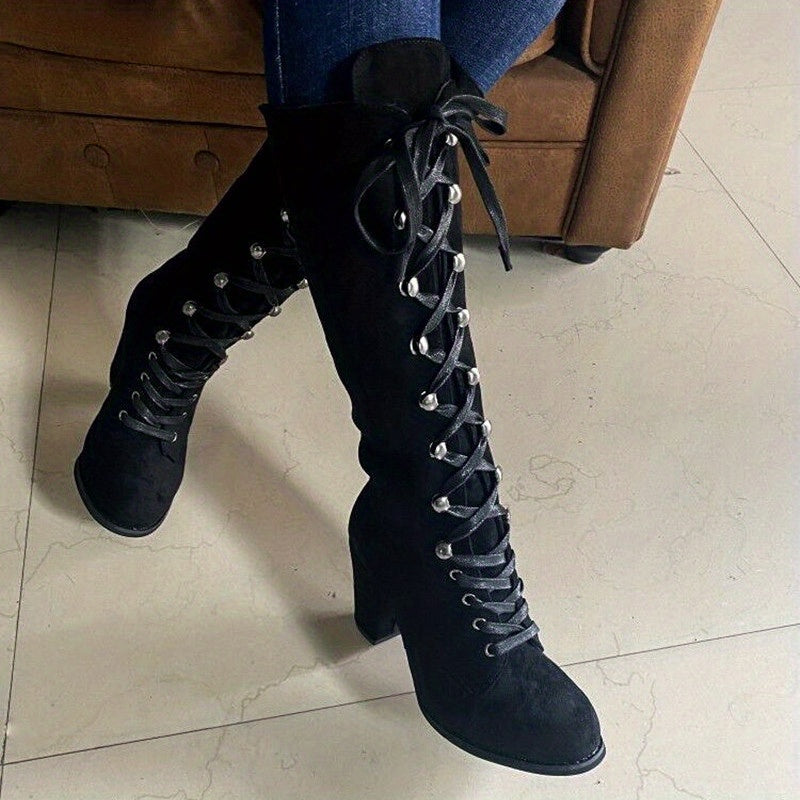 Women's Heeled Knee High Boots, Solid Color Lace Up Chunky Heeled Boots, Versatile Comfy Long Boots