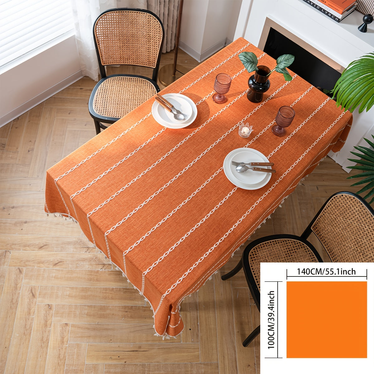 1pc Vibrant Orange Embroidered Stripe Rectangular Tablecloth - Cotton Blend Kitchen & Dining Table Linens with Pastoral Design for Room Decor and Dining Table Decoration