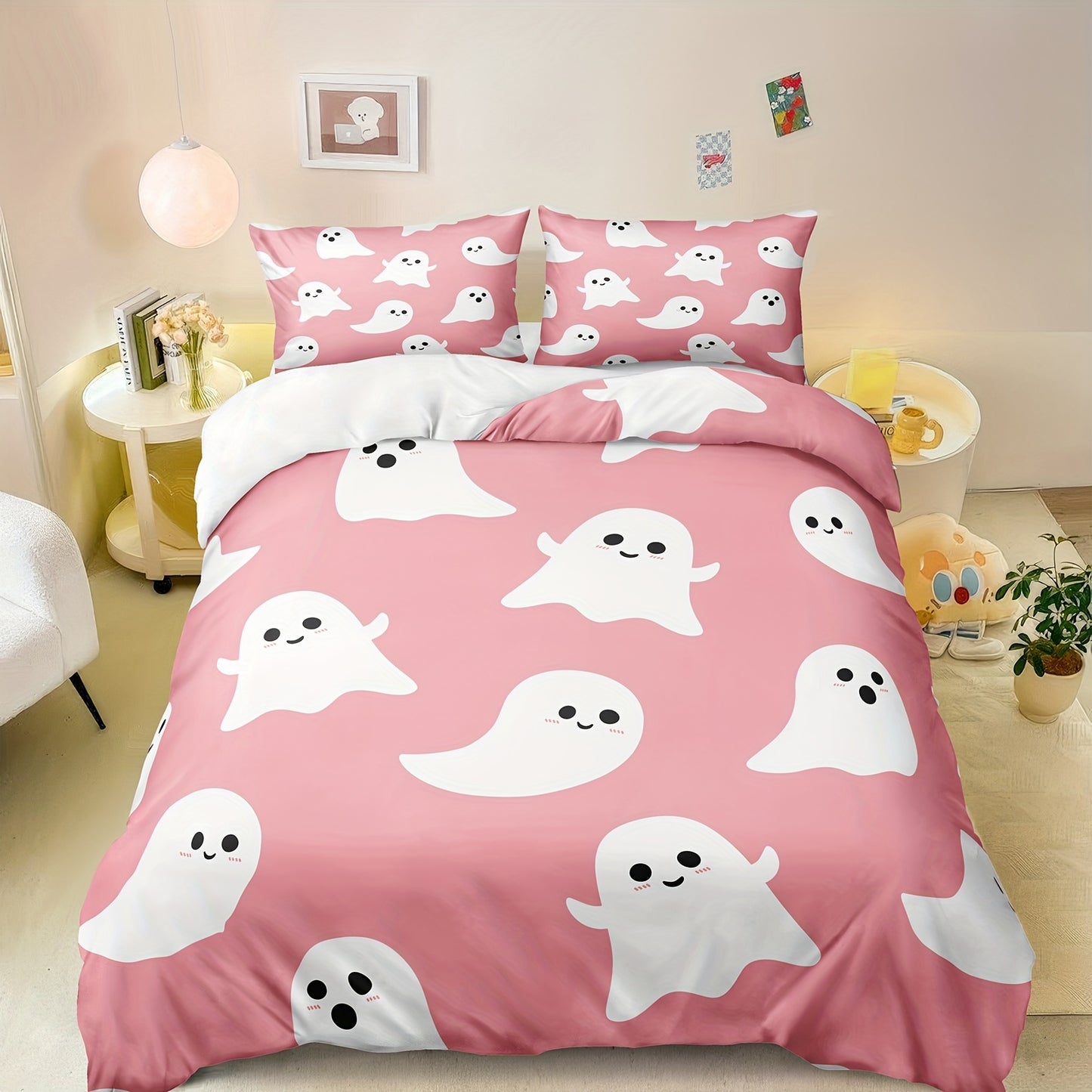 Halloween & Ghost Themed Duvet Cover Set, 3 Piece - 100% Polyester Lightweight Sanded Fabric, All-Season Digital Printed Bedding with Zipper Closure - Includes 1 Duvet Cover and 2 Pillowcases, Machine Washable, No Duvet Insert