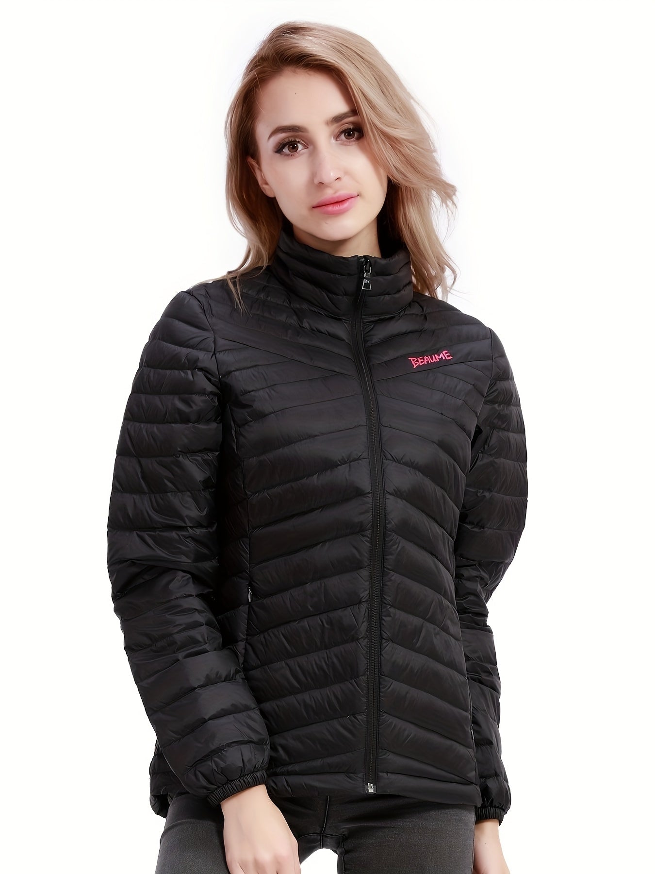 Womens Stylish Letter Embroidered Winter Jacket - Warm Thermal Insulation, Elastic Cuffs, Full Zip, Packable Down Coat for Ultimate Comfort and Convenience