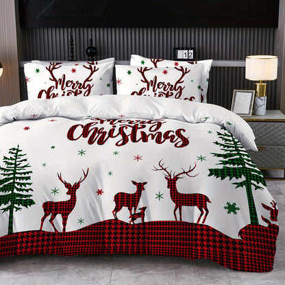 Cozy Christmas Reindeer 2/3pcs Duvet Cover Set - Soft & Breathable Polyester, Perfect for All Seasons - Includes 1 Duvet Cover & 1/2 Pillowcases (Comforter & Pillows Not Included) - Ideal for Bedrooms, Guest Houses & Dorms