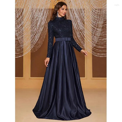 Casual Dresses Spring Autumn Fashion Elegant Women Long Sleeve Blue Sequined Cocktail Formal Occasion Evening Party Maxi Ladies