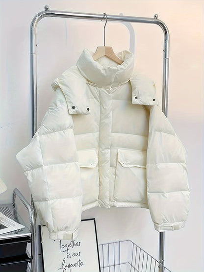 Solid Color Puffer Jacket For Women, Casual Winter Loose Lightweight Hooded Jacket, Women's Clothing