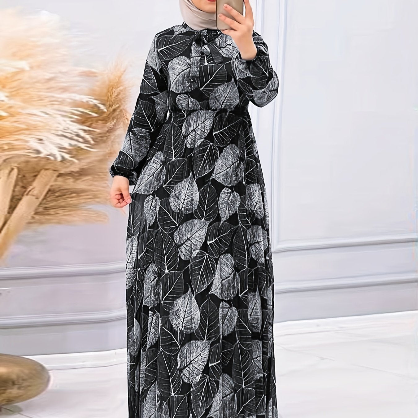 Stylish Plant Print Ramadan Modest Dress - Flowy & Comfortable Loose Fit Long Sleeve Abayas Style - Perfect Casual Wear for Women - Ramadan Collection