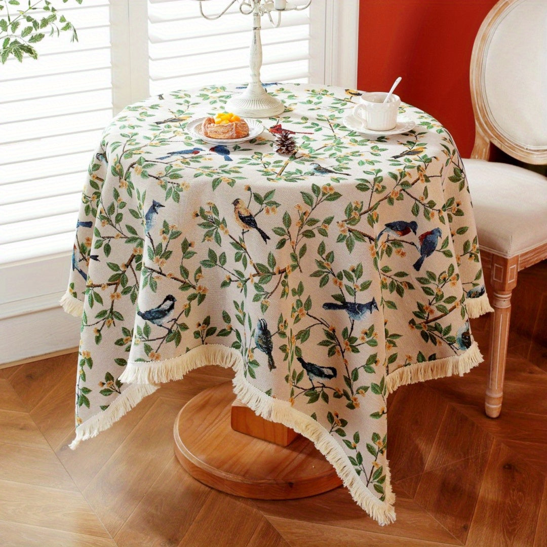 1pc, Exquisite Bird Embroidery Knitted Jacquard Tablecloth - Soft, Cozy, and Delicately Designed for Rustic Farmhouse Home Decor, Perfect for Christmas Decorations and as a Unique Gift