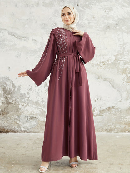 Ramadan Elegant Long Sleeve Geometric Patterned Loose Fit Maxi Dress with Rhinestone Belt - Non-Stretch Polyester Fabric, Flared Sleeves, and Middle East Style - Perfect for Spring, Summer, and Fall Seasons