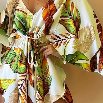 Vibrant Floral Print Fitted V-Neck Dress - Elegant Vacation Style with Tie Waist, Flare Sleeves, Micro Elasticity, and Random Printing - Perfect for Spring, Summer, and Fall Seasons