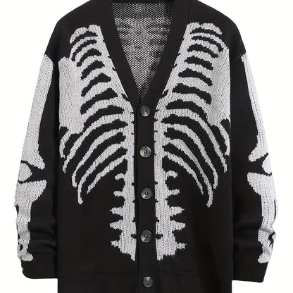 Plus Size Mens Skeleton Print Long Sleeve V Neck Button Down Cardigan Sweater - Soft Medium Stretch Fabric, Regular Fit, Long Length, and Acrylic Lining - Perfect for Fall and Winter Casual Street Wear