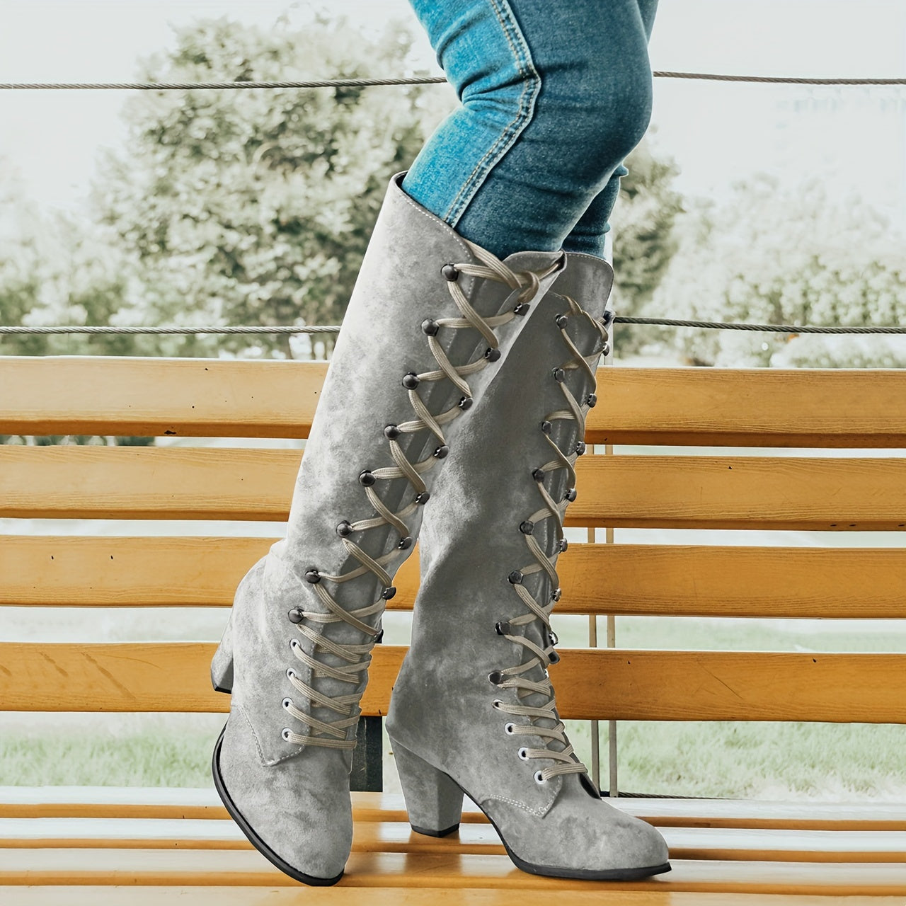 Women's Chunky Heeled Long Boots, Retro Solid Color Lace Up Knee High Boots, Casual Heeled Riding Boots