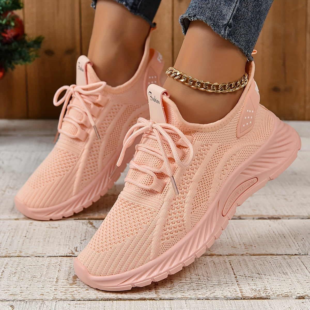 Women's Knitted Sports Shoes, Lightweight Lace Up Low Top Running & Tennis Sneakers, Breathable Gym Trainers for Holiday