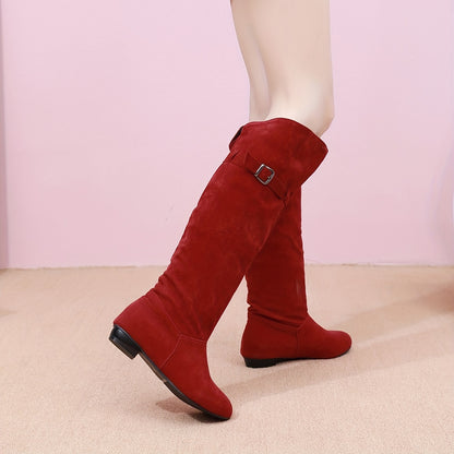 Stylish Comfort Stretch Knee High Boots - Knee-High, Solid Color, Buckle Strap, Low Heeled, Long, Pull-On, Soft, Breathable, and Comfortable Boots for Women