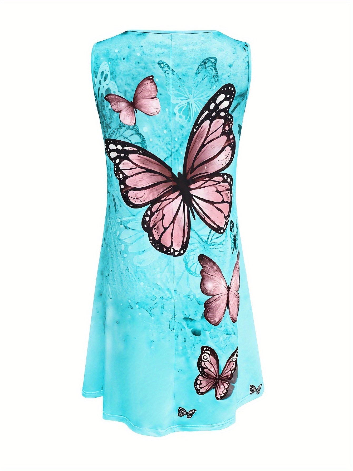 Vibrant Butterfly Print Sleeveless Casual Crew Neck Tank Dress - Soft Mid-Elasticity Polyester Fabric, Semi-Sheer, Customized Style for Women - Perfect for Spring and Summer Seasons