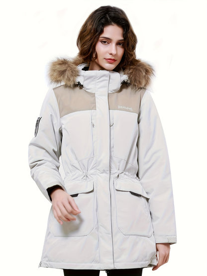 Women's Contrast Color Winter Down Jacket With Flap Pocket - Thickened & Warm Sports Puff Coat