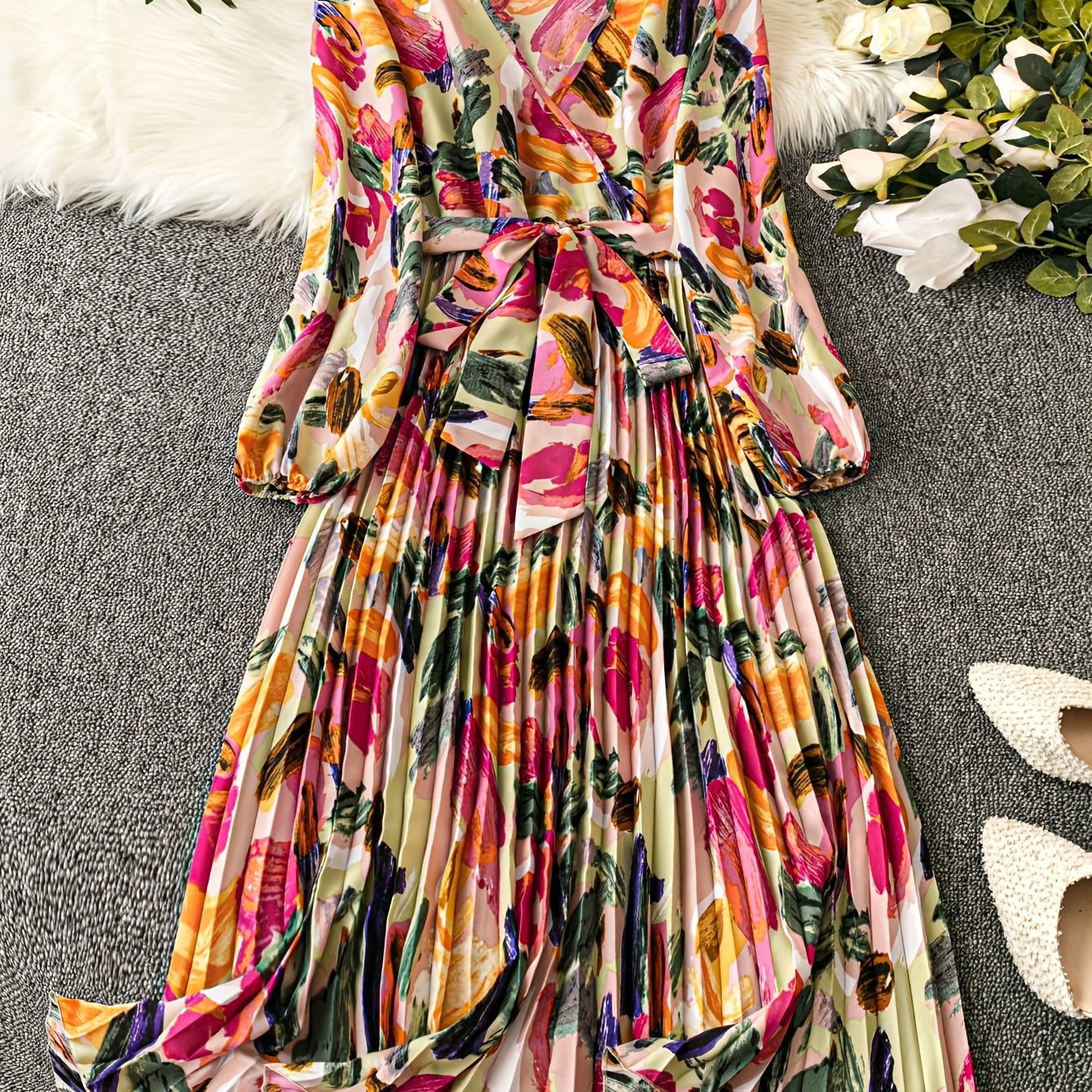 Vibrant Floral Print Belted Pleated Aline Dress - Elegant Long Sleeve V-Neck Design, Flowy Silhouette, Comfortable Wear for Spring & Fall, Women's Clothing for Various Occasions