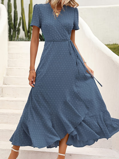 Vibrant Swiss Dot Maxi Dress - Elegant Surplice Neck, Short Sleeves, Split Thigh, Beachy Chic, Perfect for Spring & Summer, Women's Clothing, Comfortable and Flowy, Ideal for Outdoor Activities