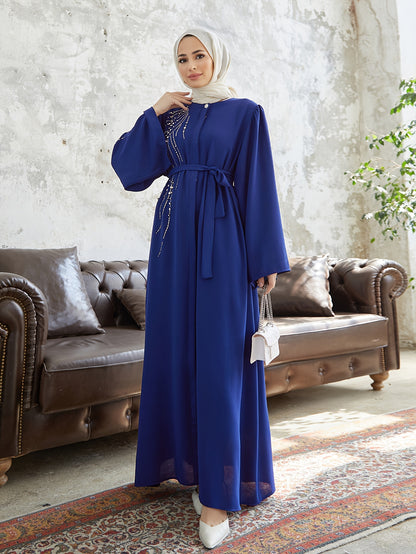 Ramadan Elegant Long Sleeve Geometric Patterned Loose Fit Maxi Dress with Rhinestone Belt - Non-Stretch Polyester Fabric, Flared Sleeves, and Middle East Style - Perfect for Spring, Summer, and Fall Seasons