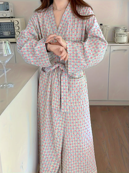 Elegant Heart Plaid V-Neck Chic Robe - Soft Polyester & Spandex Blend, Long Sleeve Mid-Length Sleepwear with Collar Styling, Woven Lightweight Nightgown & Sleepshirt for Women's Spring/Summer/Fall Comfort - Perfect for Lounging and Relaxation