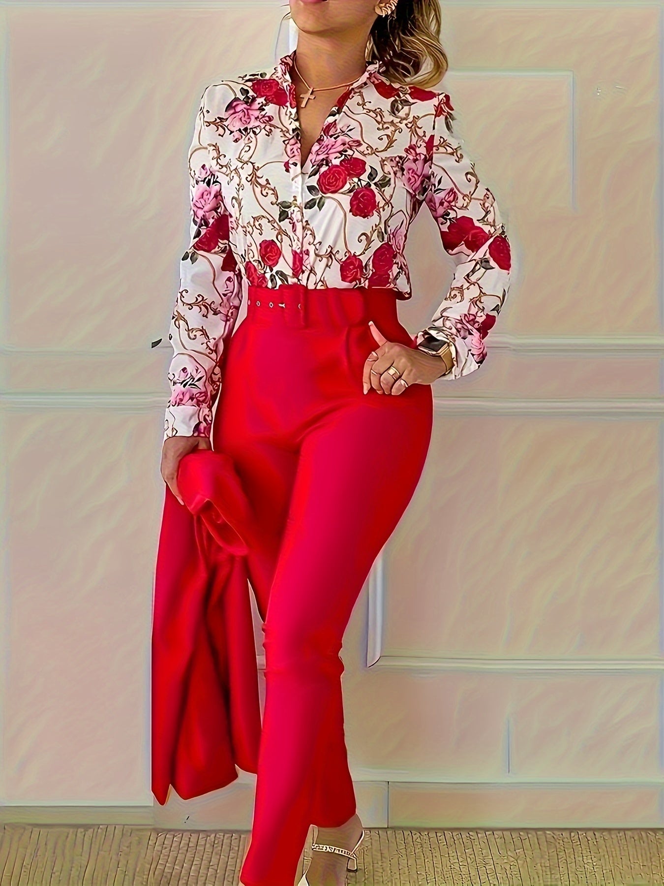 Stunning Two-Piece Floral Outfit - V Neck Long Sleeve Blouse with Ruffled Hem and Solid Belted Tapered Pants for Women - Elegant, Comfortable, and Versatile Clothing for Daily Wear