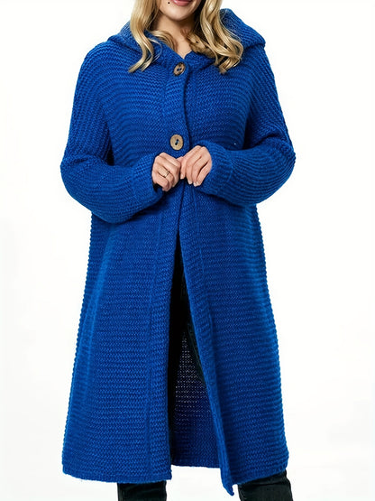 Plus Size Solid Color Hooded Knitted Cardigan, Casual Button Front Long Sleeve Cardigan For Fall & Winter, Women's Plus Size Clothing