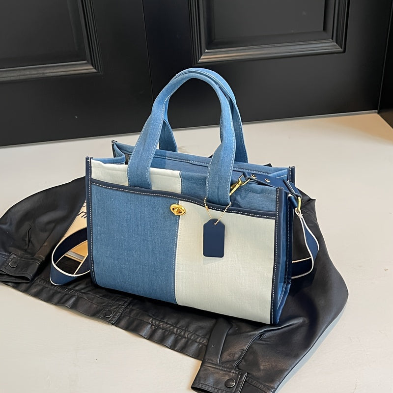 Classic Denim Patchwork Women's Handbag, Casual Style, Single Shoulder & Crossbody Tote Bag With Top Handle, Spacious Interior, Fashion Accessory