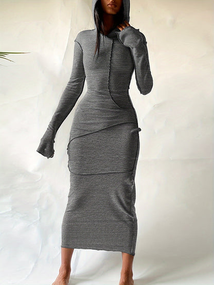 Chic Hooded Maxi Dress - Casual Long Sleeve Stitching Design - Comfortable Womens Clothing for Everyday Style