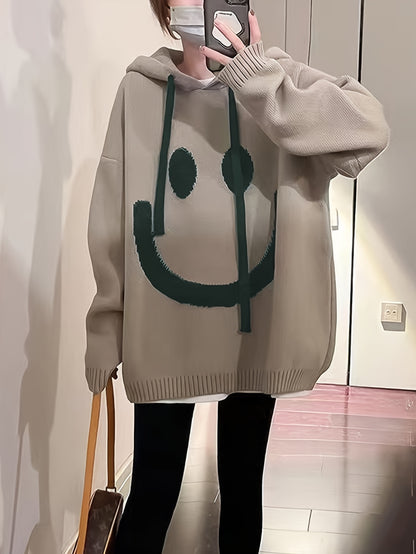 Smile Face Oversized Hoodie - Casual Long Sleeve Drawstring Sweater with Relaxed Fit, Soft Fabric, and Cozy Design for Women's Everyday Wear