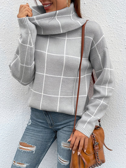 Women's Woolen Shirt - Grid Jacquard, High Pile Collar, Shoulder Long Sleeve, Loose Fit, Comfortable, Fashionable, Generous Half Long Slit, Autumn and Winter Wear