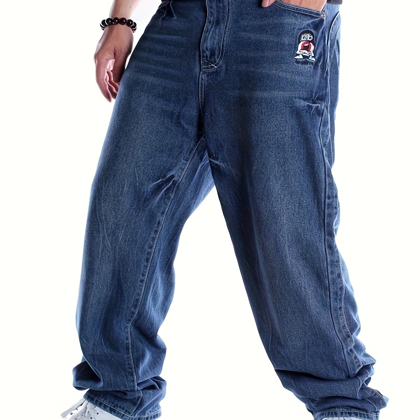 Plus Size Mens Hip Hop Jeans - Relaxed Fit, Embroidered, Long, Non-Stretch, Cotton Blend, Solid Color, Straight Leg, Casual Street Dance Skateboarding Pants for All Seasons