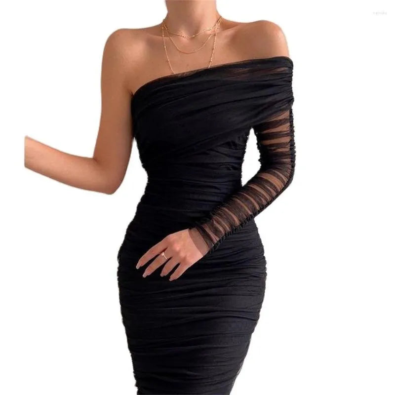 Casual Dresses  Black Women One Shoulder Mesh Long Sexy Diagonal Collar Wrap Slim Bodycon Dress Female Formal Evening Party