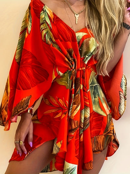 Vibrant Floral Print Fitted V-Neck Dress - Elegant Vacation Style with Tie Waist, Flare Sleeves, Micro Elasticity, and Random Printing - Perfect for Spring, Summer, and Fall Seasons