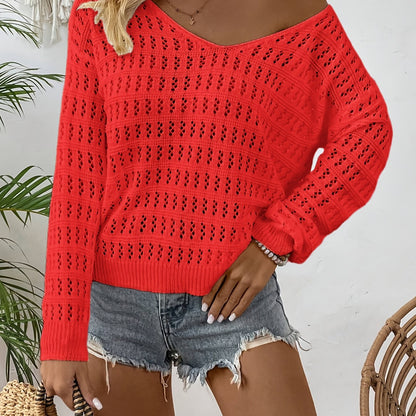 Cozy Pointelle V-Neck Knitted Sweater - Soft, Casual, Long Sleeve, Drop Shoulder, Pullover Design for Spring & Fall Seasons - Women's Comfortable Clothing for Everyday Wear