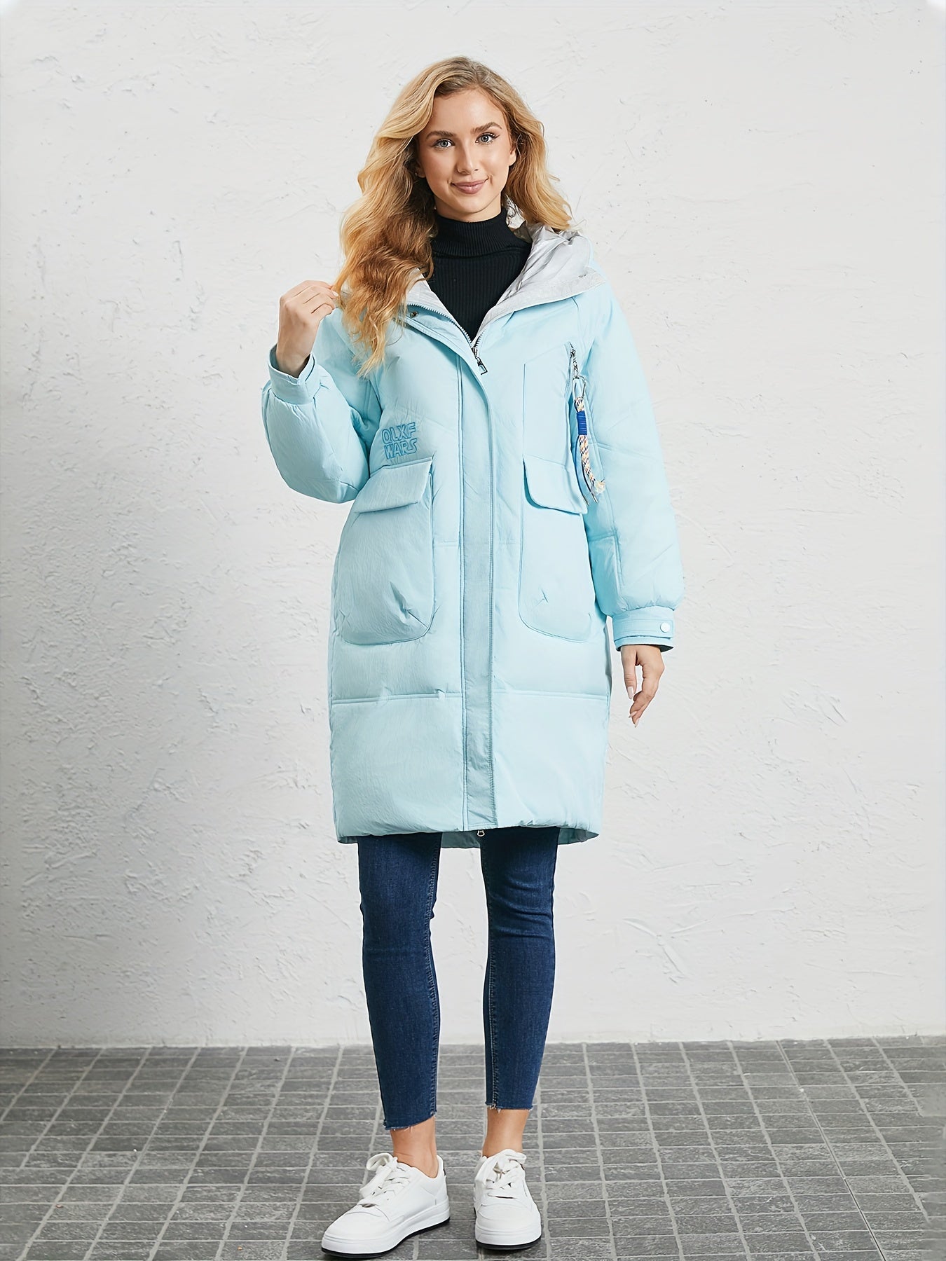 Pocket Front Hooded Warm Coat, Casual Mid Length Long Sleeve Winter Outerwear, Women's Clothing